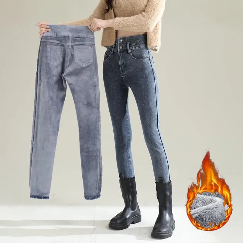 Women's Straight Hot Leg Winter Jeans in Plush Lady Chic Snowshoe tight denim pants for girls Women's casual fleece pants