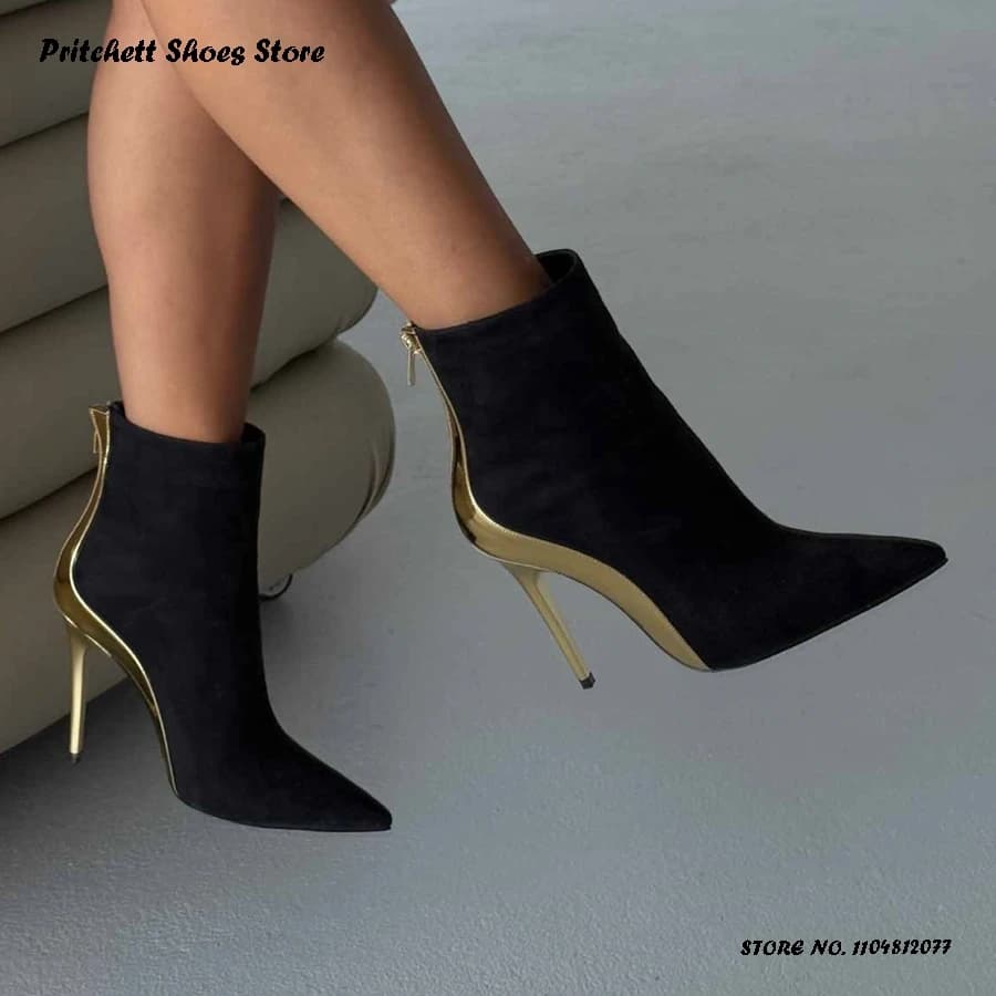 Stivaletti con bordi in pelle patchwork Punta a punta da donna Tacchi sottili Scarpe da ufficio per feste Primavera Autunno Stivaletti in pelle scamosciata con cerniera posteriore