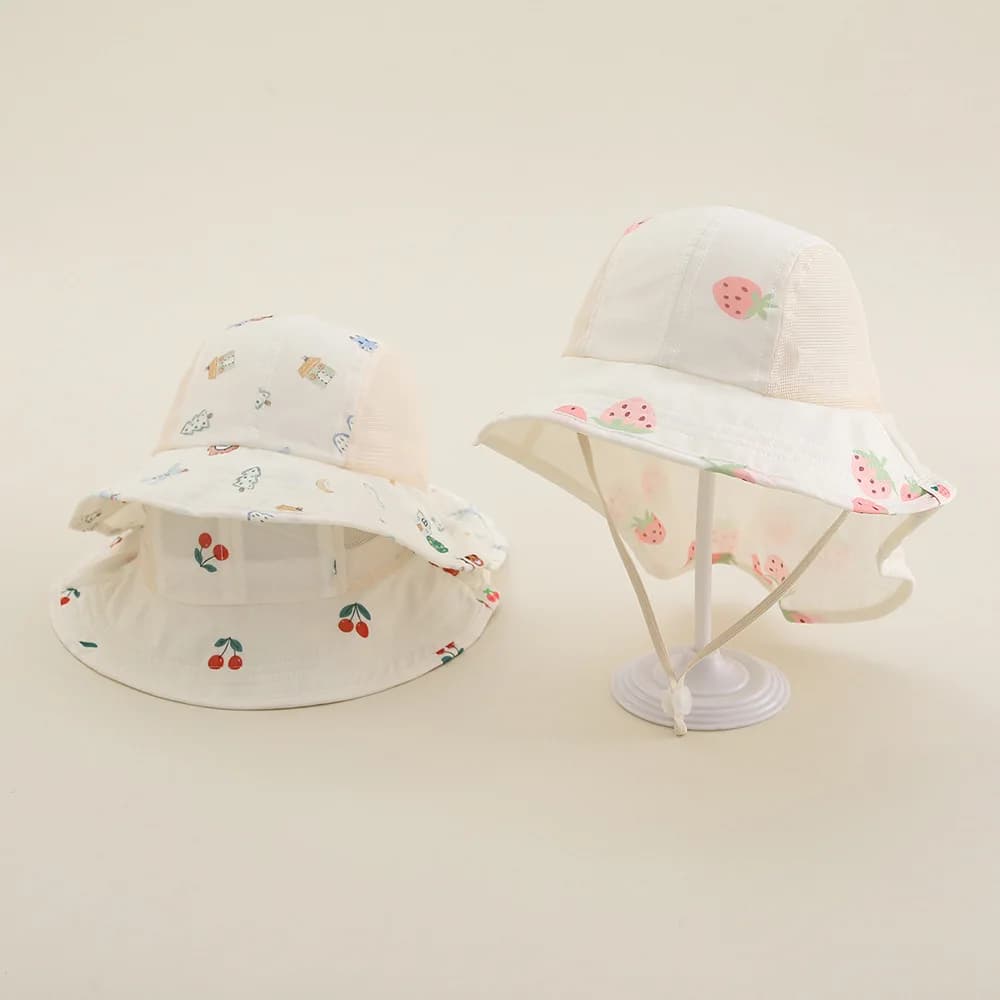 Cappello Estivo da Spiaggia per Bambini, Traspirante con Visiera Parasole in Rete, Protezione per il Collo con Stampa Carina per Bambini e Bambine