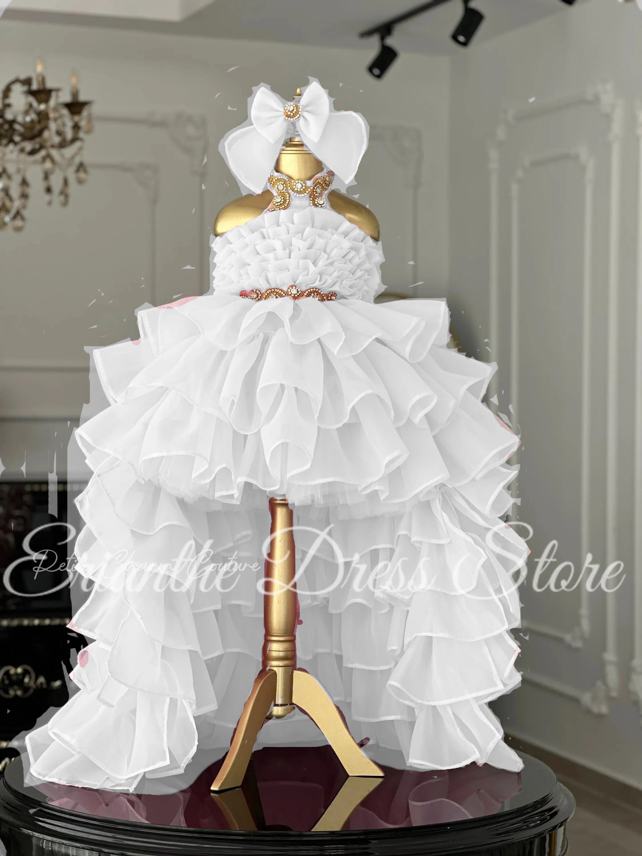 Volant con perline in tulle bianco con fiocco Abito da principessa per ragazza di fiori per matrimonio Festa di compleanno per bambini Abito da ballo per prima comunione personalizzato