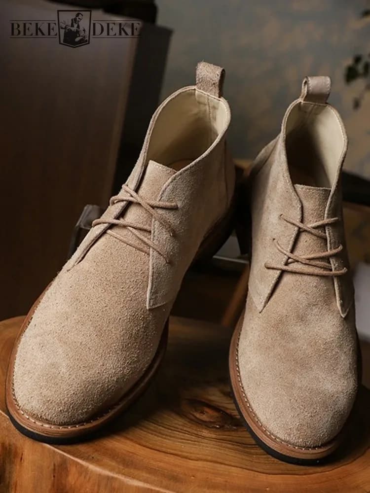 Moda versatile maschile stringata color block pelle scamosciata di mucca punta tonda stivaletti fatti a mano resistenti scarpe da lavoro con piattaforma per il tempo libero