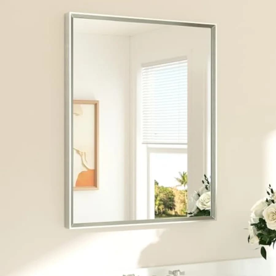 Specchio da Bagno 60x75 cm Rettangolare con Cornice Smussata, Specchio da Bagno per Sopra il Lavabo, Vetro Temperato, Telaio Rinforzato, Moderno