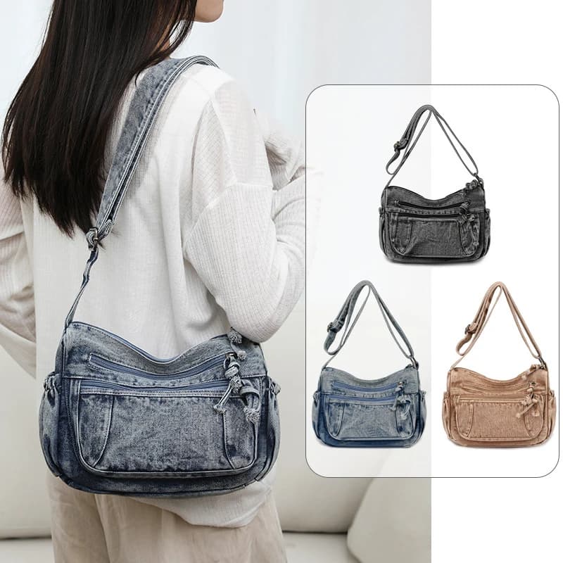 Women Retro Travel Sling Shoulder Bag Casual Washed Denim Commuting Crossbody Bag Female Shopping Tote Handbags Large Day Pack
