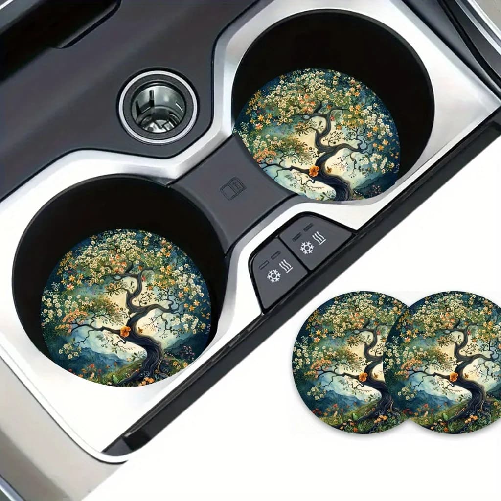 Set Of 2 Vintage Tree Of Life Car Coasters - 2.75" Made From High-Quality EVA, Suitable For Both Men And Women, Ideal For Vehicl