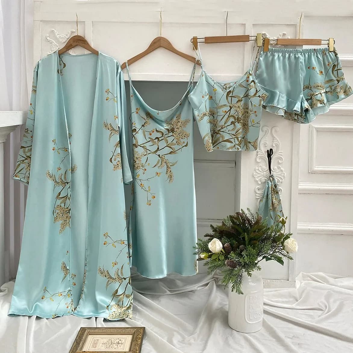 Stampa Robe Gown Sleep Set scollo a v donna accappatoio in raso camicia da notte Loungewear Strap Top & Shorts pigiama Suit Summer Home Clothes