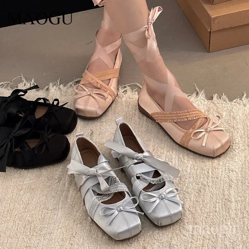 Ballerine da Donna con Lacci, Punta Quadrata, Fiocco, Stile Mary Jane, in Raso, Stile Sweet Lolita, Scarpe Casual per Donna
