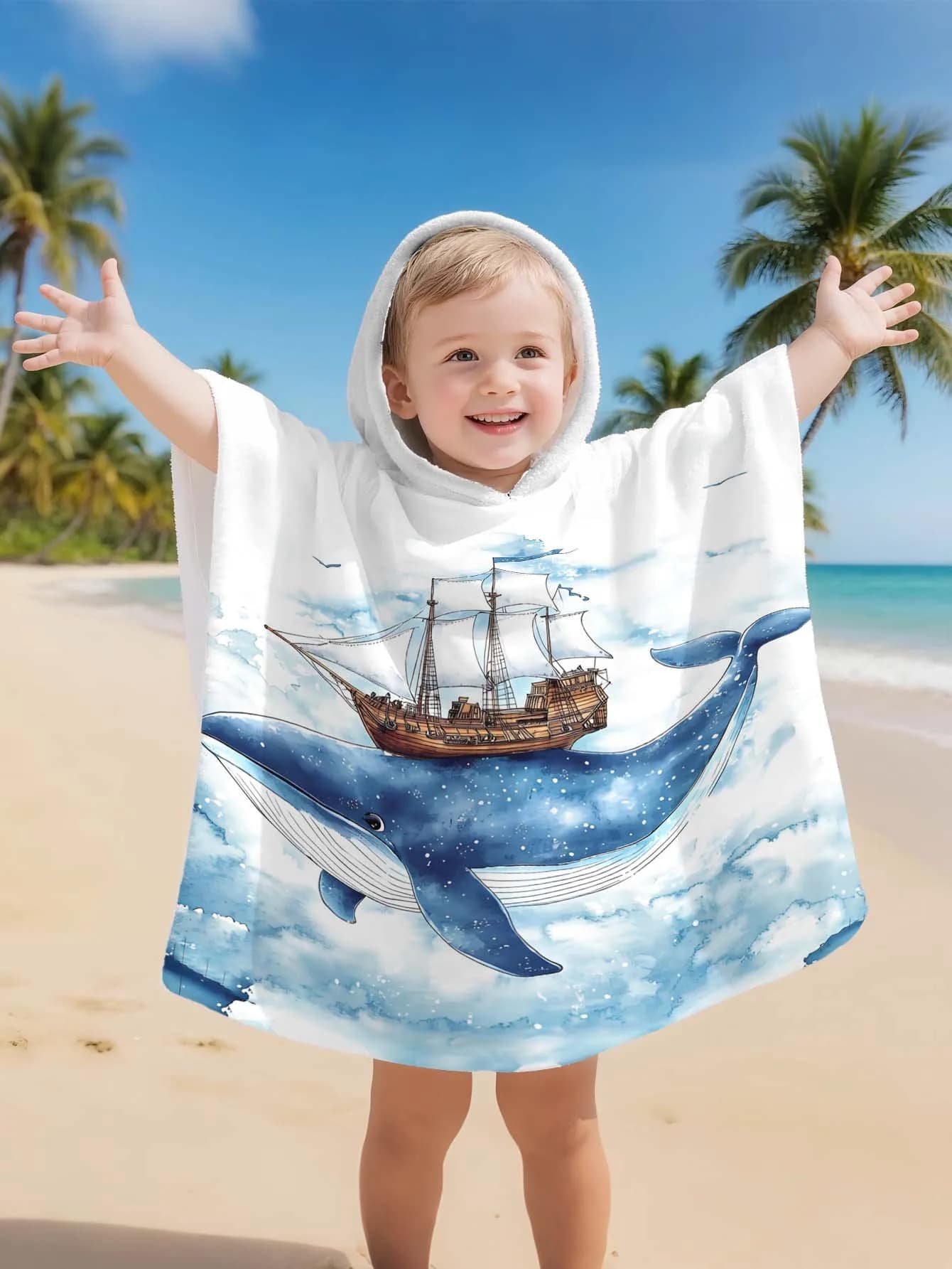 Accappatoio blu cielo con motivo navi e balene, morbido e super assorbente, con bottoni laterali, adatto per spiaggia, piscina, mare, campeggio, per bambini e bambine dai 2 ai 11 anni.