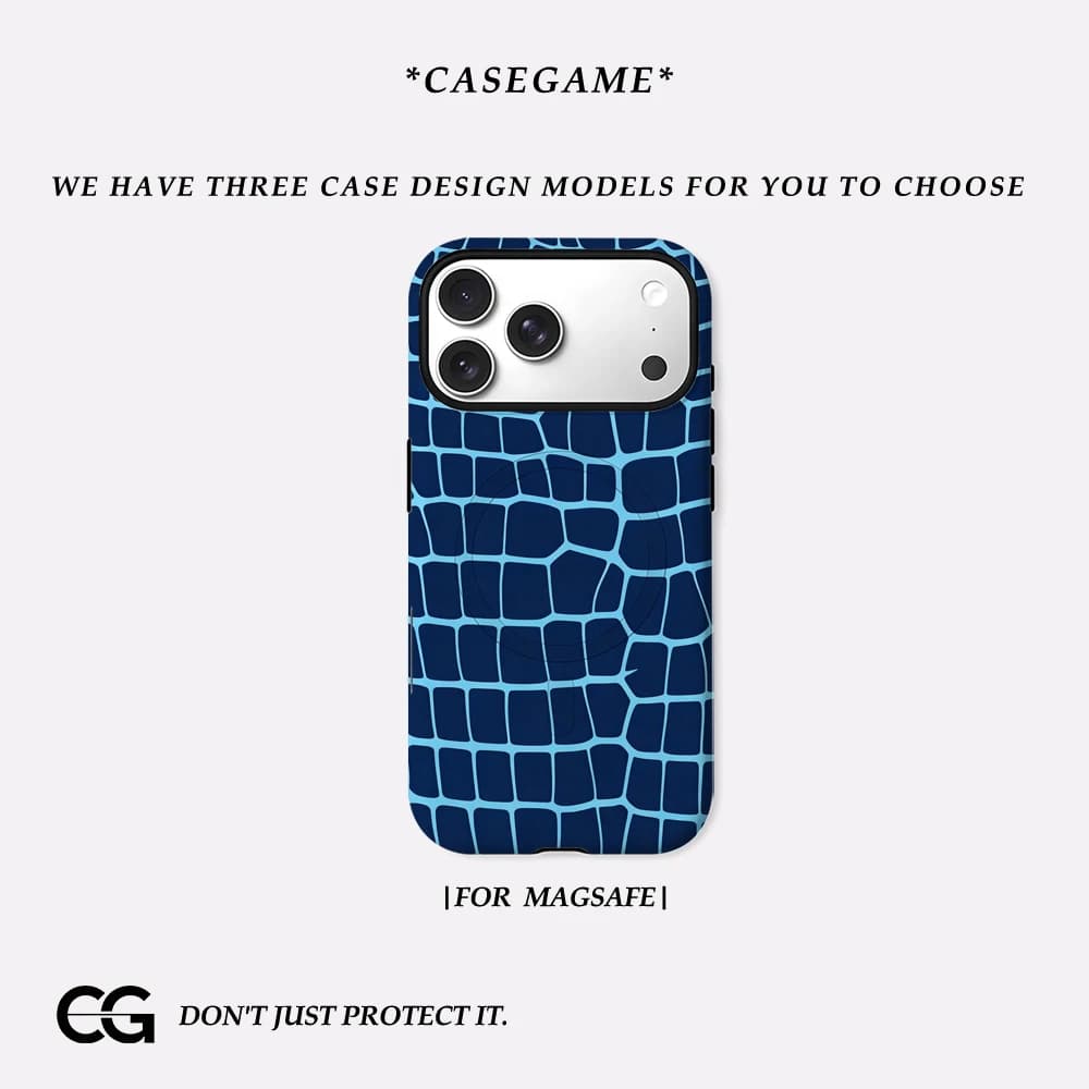 Casegame Cover Opaca Antiurto per iPhone 17 16 15 14 Plus 13 Pro Max con Bumper per MagSafe, in PC Rigido Blu Effetto Pelle di Coccodrillo