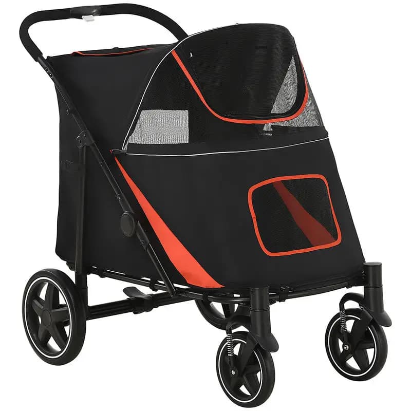 Foldable Dog Stroller with Zippers and Mesh Windows, 112x65x100 Cm, Red and Black