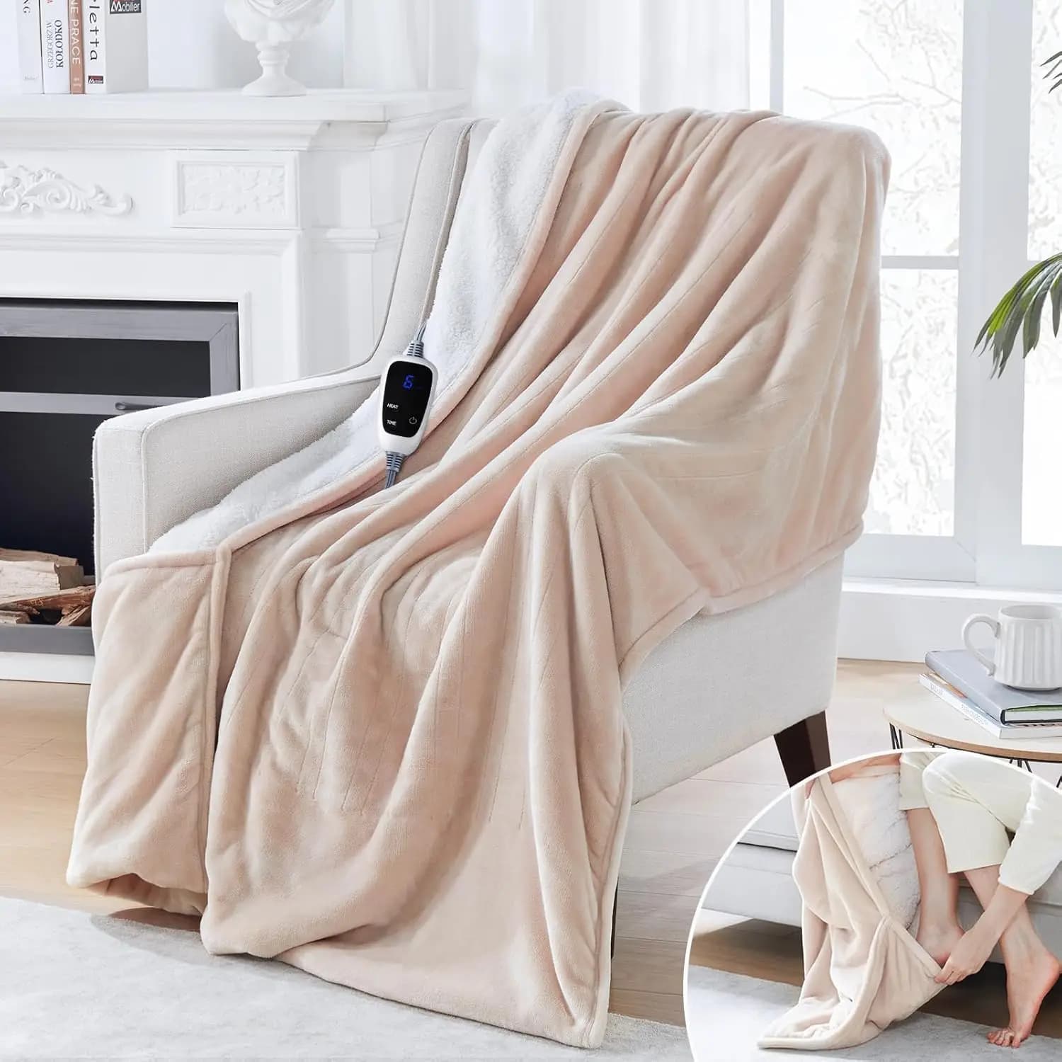 Coperta Elettrica Riscaldata con Tasca per i Piedi, 6 Livelli di Calore e Spegnimento Automatico, Riscaldamento Rapido, Lavabile in Lavatrice, 50x62 Pollici Beige