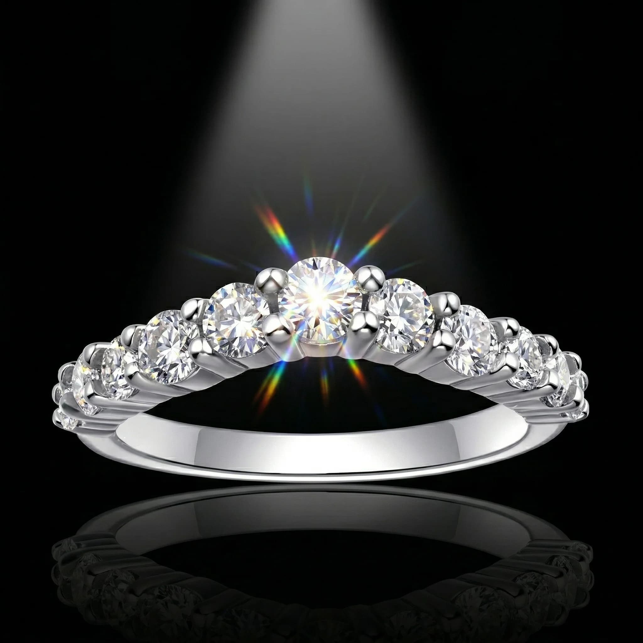 Moissanite Ring, 925 Sterling Silver, D Color VVS1, V-Shape Nine Stone, Light Luxury Stackable, Women's, With Certificate