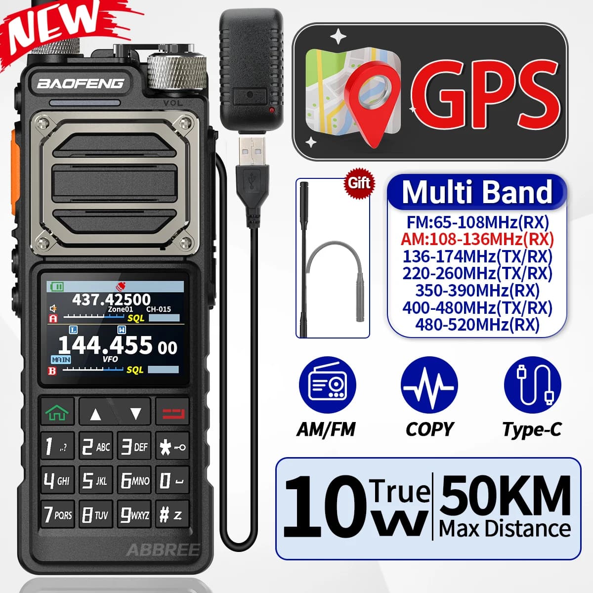 BAOFENG UV-25 PRO GPS Walkie Talkie 10W Multi Band 1000CH Tipo-C Caricatore 5200mAh per UV-5R Amateur Bidirezionale Ham Radio per la caccia