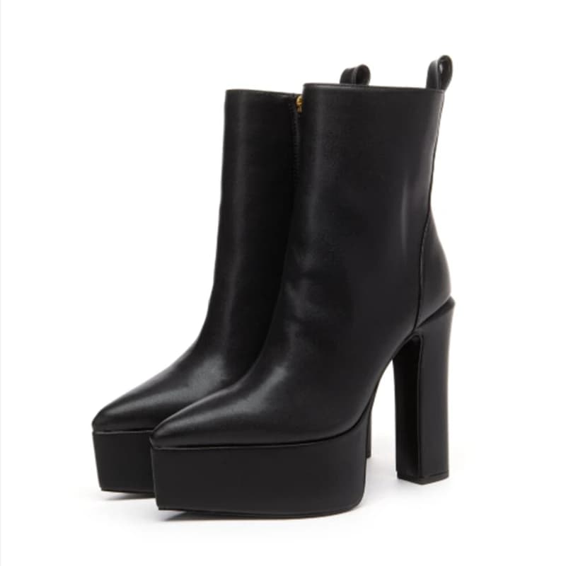Sexy Pointed Toe Platform Chunky Heels Women Ankle Boots Black Matte Leather Side Zipper Block Heels Short Booties