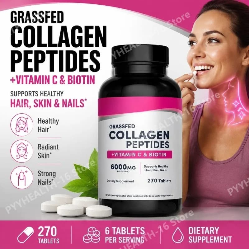 Grass‑Fed Bovine Collagen Peptides Tablets 6000mg,Vitamin C & Biotin,Support Hair Skin Nails,Anti‑Aging Beauty Supplement, 270ct