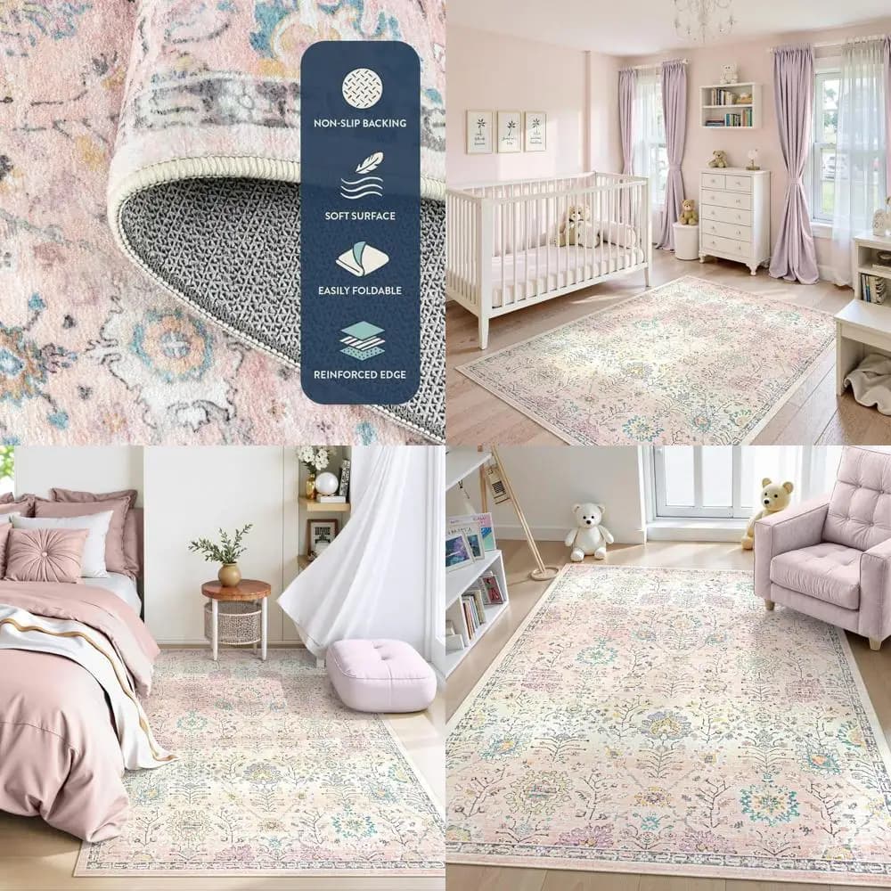 Boho Rosa Carpet, 5x7, Washable, for Girls, Children and Stays, Pastel Floral Carpet with Non-slip Base