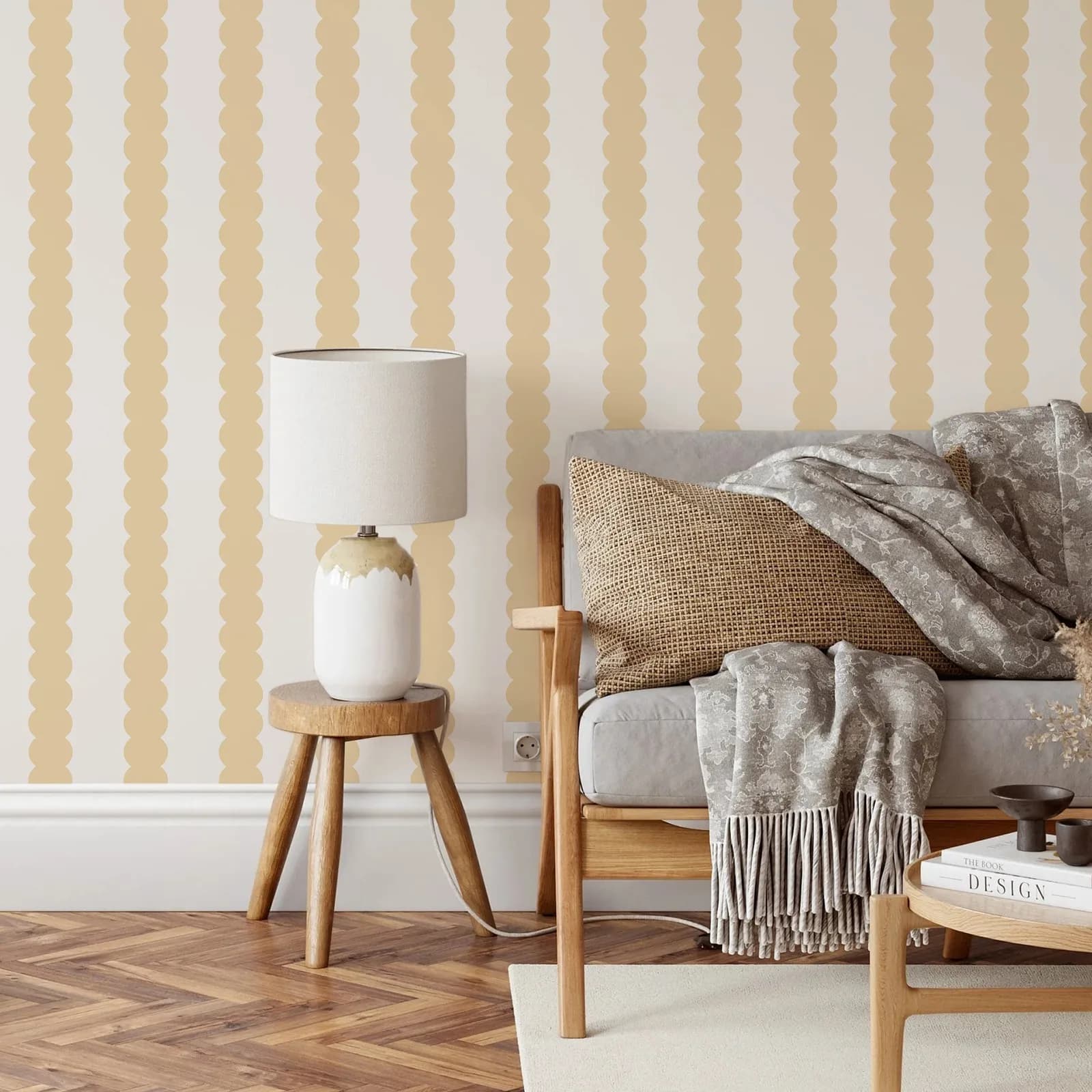 Carta da parati gialla con capesante e incolla, murale da parete con strisce chiare per la decorazione domestica, autoadesiva o tradizionale non tessuta