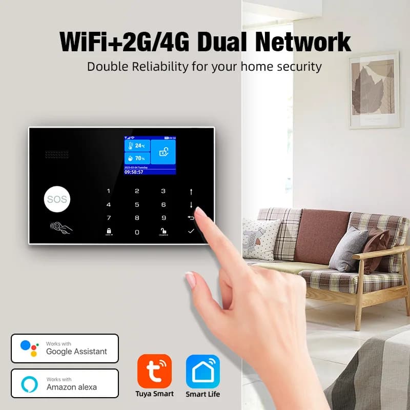 KERUI Allarme 4G con pulsante campanello Sistema di allarme domestico Sicurezza Funziona con Alexa Tuya Smart App Sensore di movimento anti-animale domestico G34