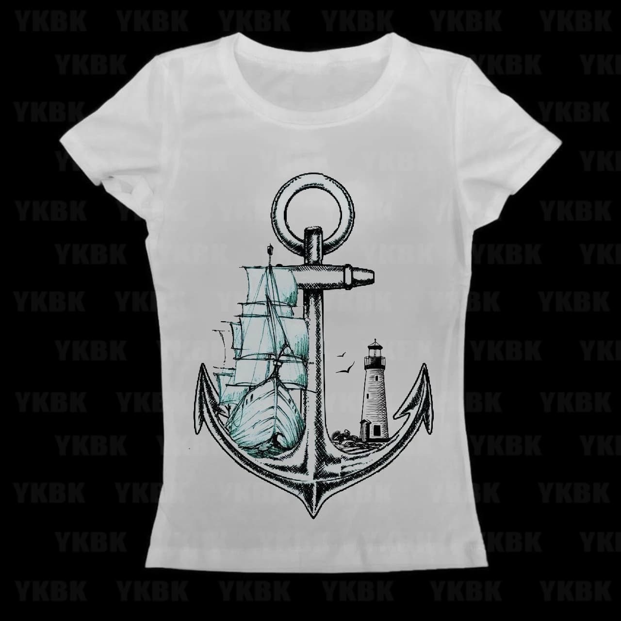 T-shirt Classica da Donna con Ancora, Barca a Vela e Faro, Top Estivo, Streetwear Nero, T-shirt Casual Grunge Harajuku