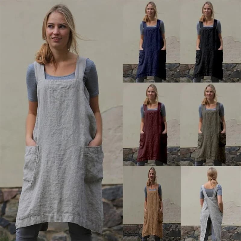 New 2023 Women's Cotton Lin Long Apron Loose Long Dress Home Work Uniform plus Size Simple Match City Walk Sweet Style