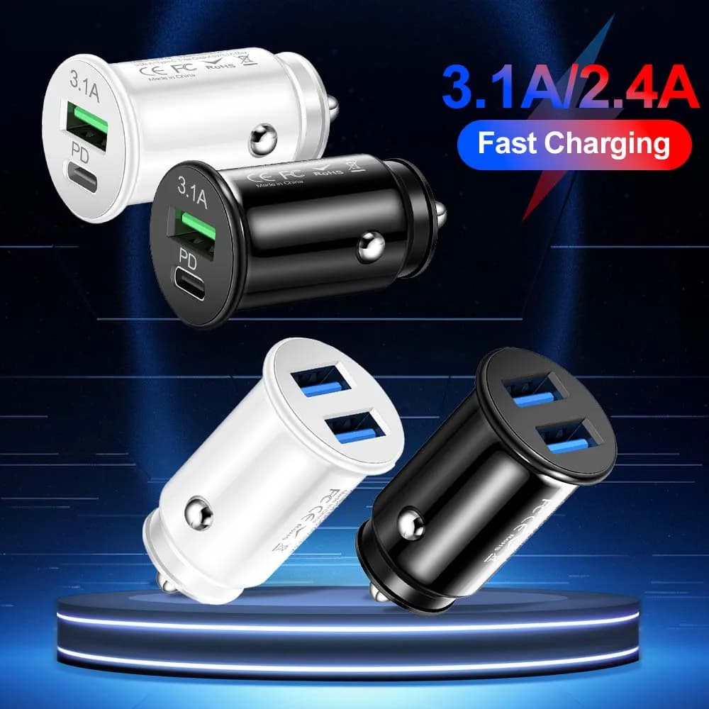 3.1A Mini 2 Door USB Car Charger Quick Recharge Type C PD Adapter for iPhone Auto Charger for Samsung for Huawei for Xiaomi