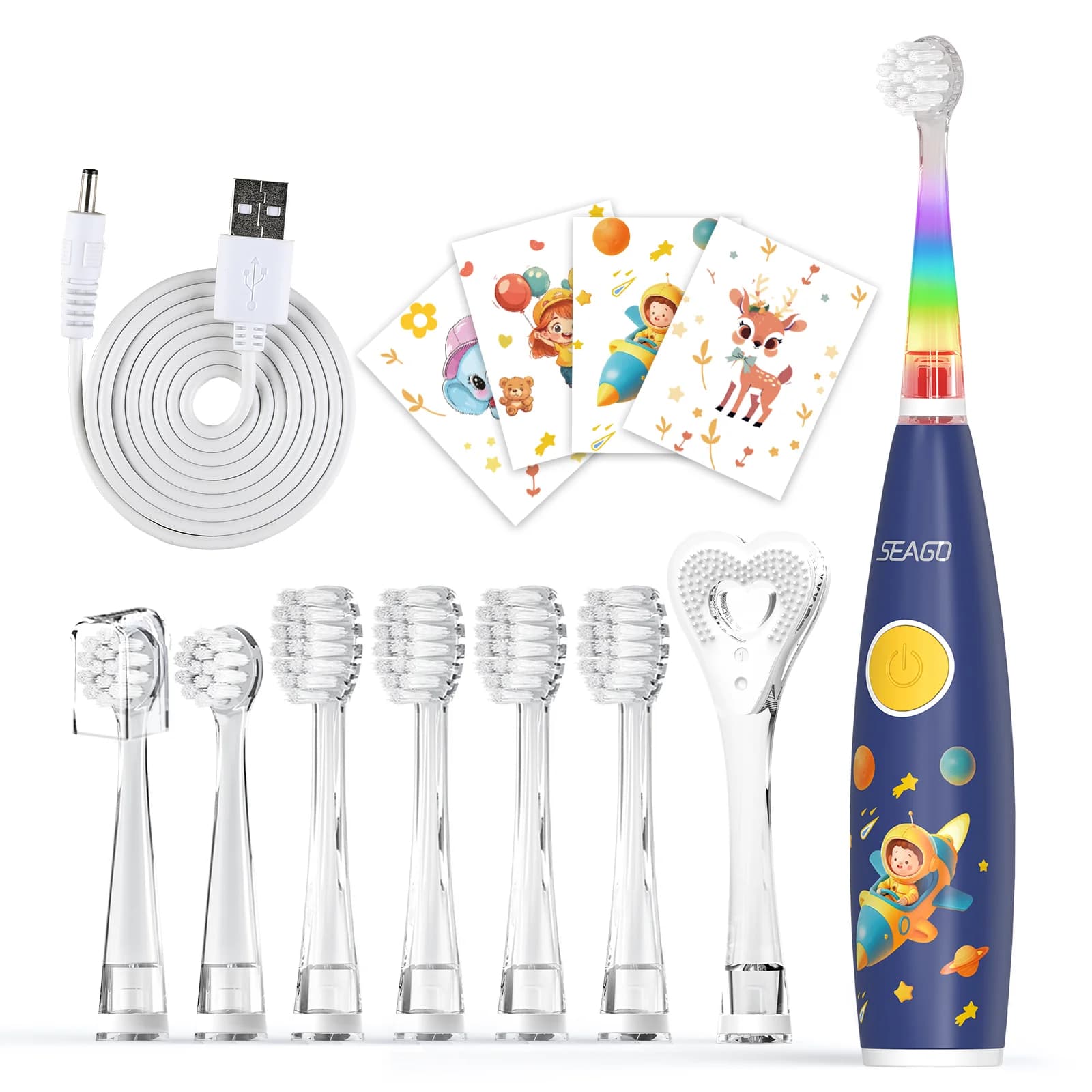 Seago Children's electric toothbrush with colored/light LED sticker looking 3 mode timer smart waterproof teeth clean for kids