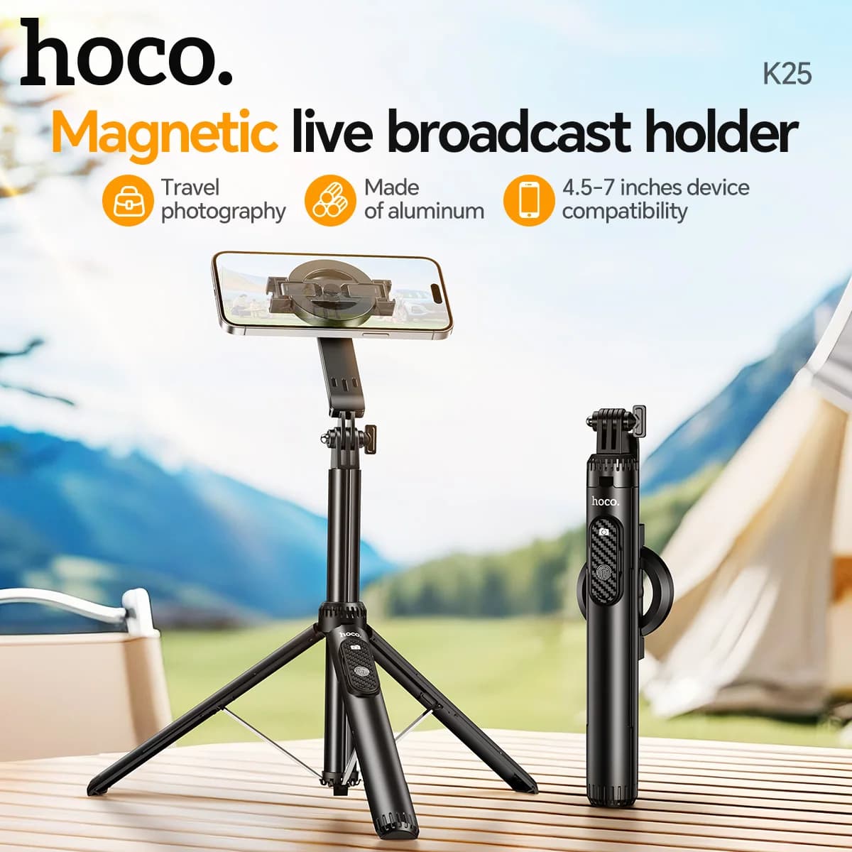 Treppiedi magnetici per selfie stick HOCO per iPhone 16 15 Supporto per trasmissione in diretta Staffa per telecomando Bluetooth per registrazione video Vlog
