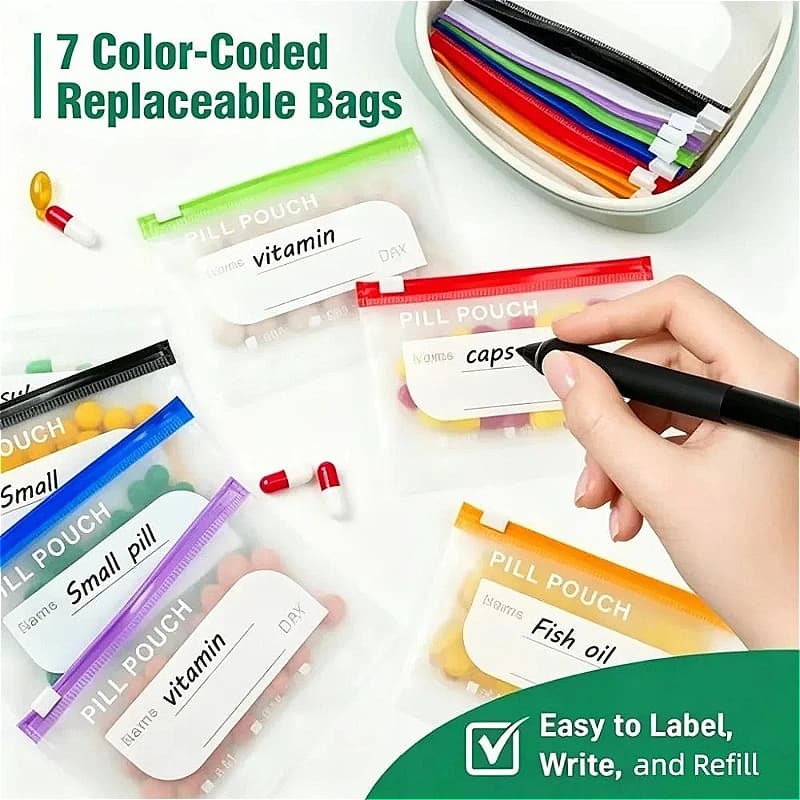 Weekly Pill Organizer 7/14 Pouch Color Coded Waterproof Medicine Storage Portable Vitamins Supplements Travel Bag