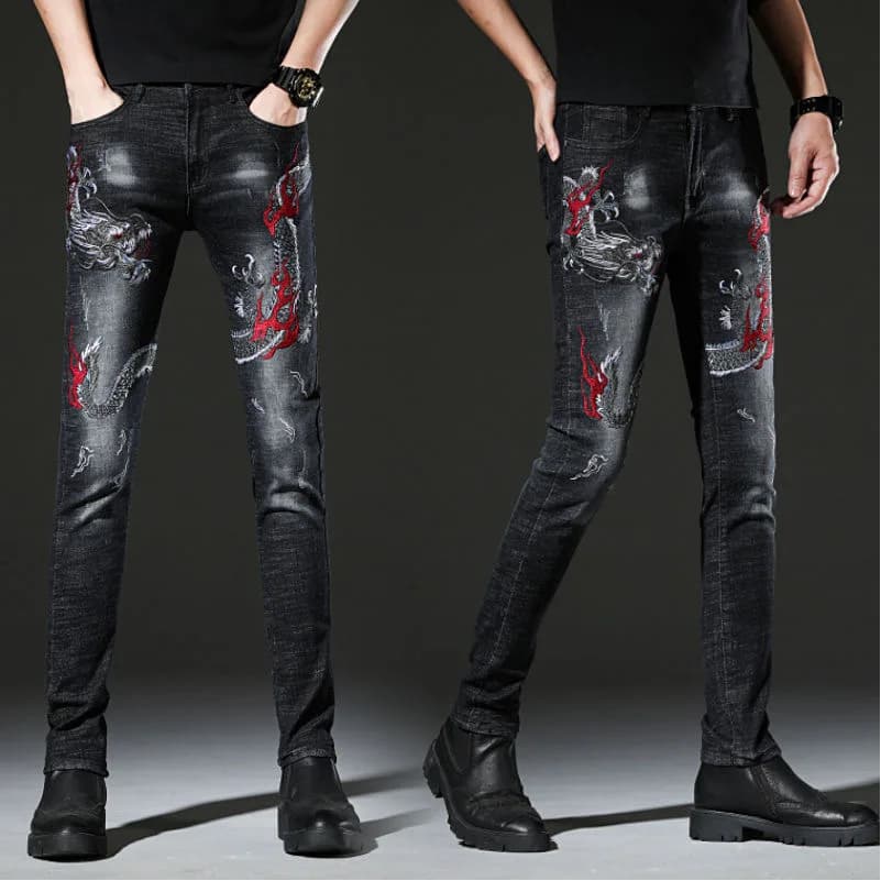 Jeans da Uomo di Alta Gamma con Ricami Floreali, Elasticizzati, Slim Fit, Casual, Pantaloni Lunghi alla Moda, Marca Trendy, Giovanili, per l'Autunno, Spessore Standard