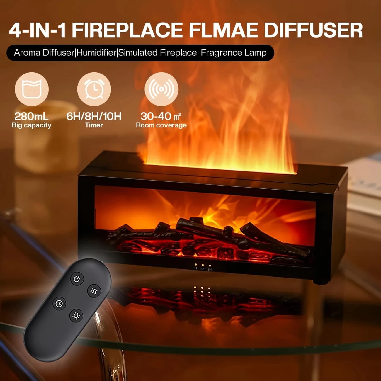 Diffusore di fiamma per camino, umidificatore d'aria a nebbia fredda da 9,47 once con telecomando e timer, diffusore alimentato tramite USB con 2 oli essenziali,