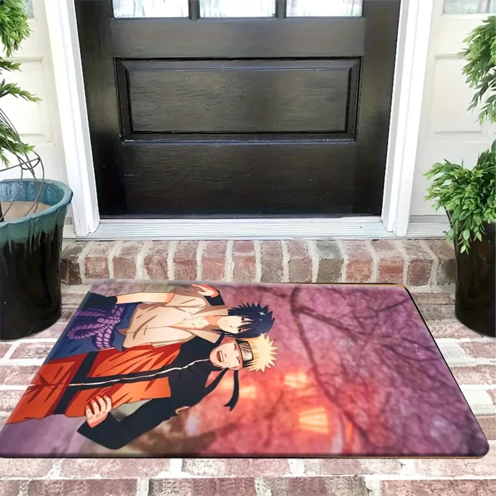 Tappetino per porta con stampa di scena di fiori di ciliegio di Naruto Uzumaki e Sasuke Uchiha, tappeto d'ingresso lavabile antiscivolo per interni ed esterni