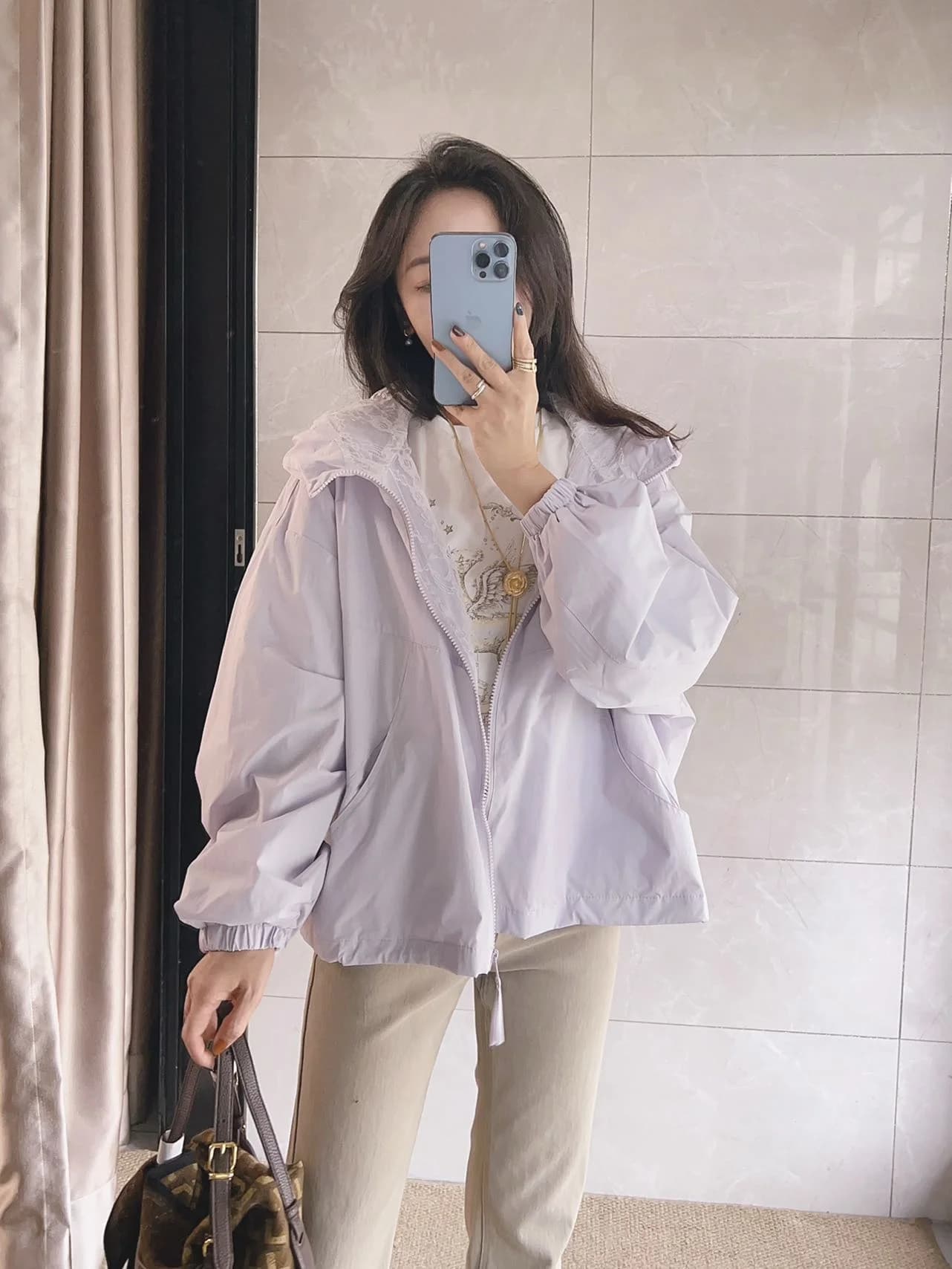 Princess Barbara Home Simpleist Gentle Colors Giacca antivento leggera con cappuccio in pizzo da donna con cerniera a maniche lunghe Polye...