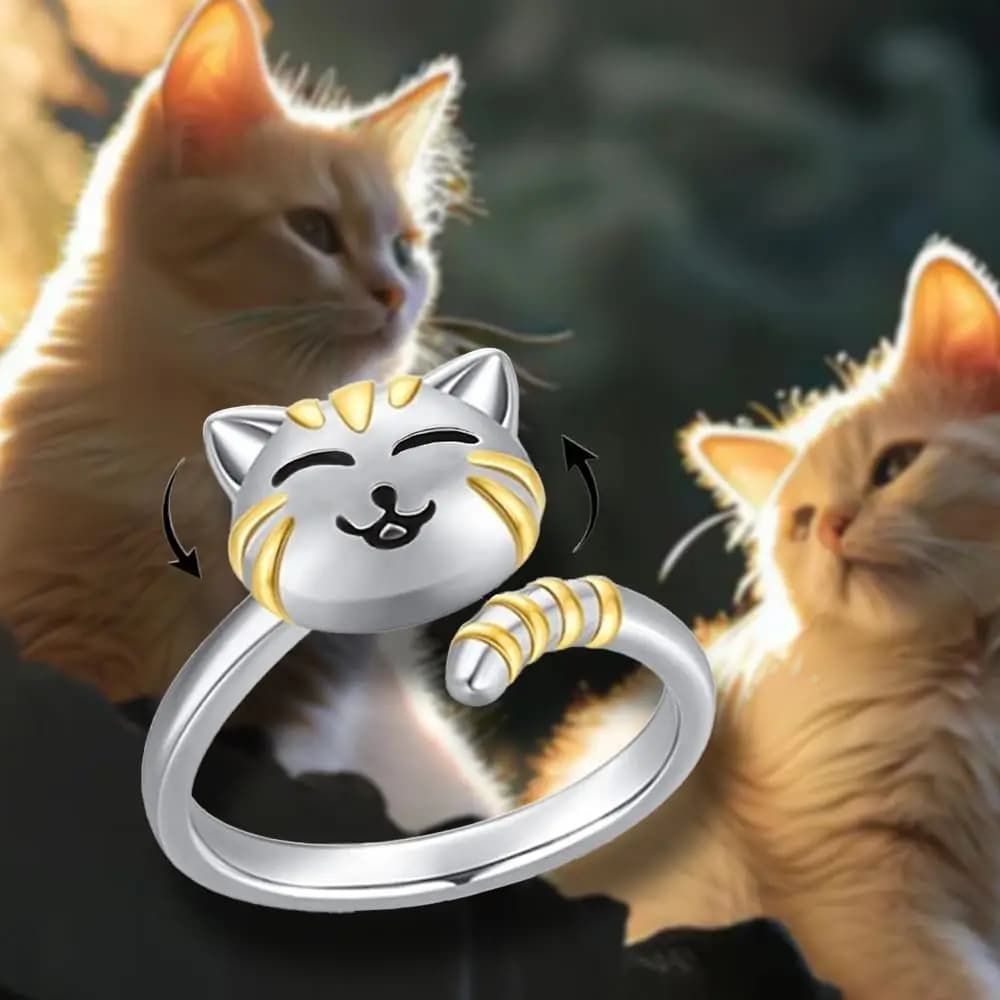 Anello Girevole Regolabile da Dito, Gioiello Rotante, Anello Antistress a Forma di Gatto Cartone Animato, Gattino
