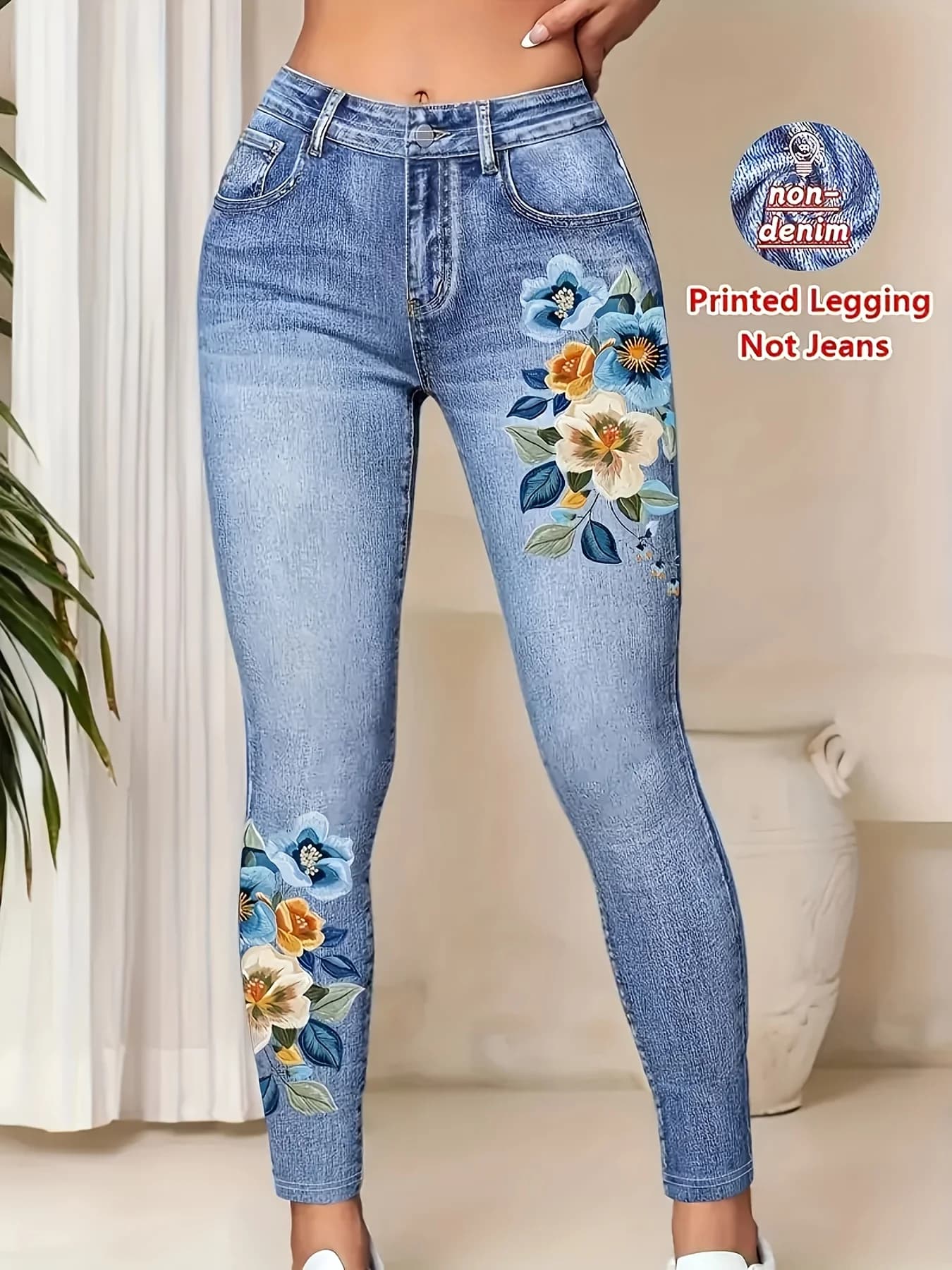 Women's Printed Skinny Pants, High Elastic Seamless Design with Faux Pockets, Casual & Sporty