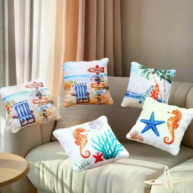 Set di 3 cuscini da spiaggia in miniatura per l'oceano estivo, ideali per l'arredamento del divano della casa delle bambole e scene domestiche in miniatura