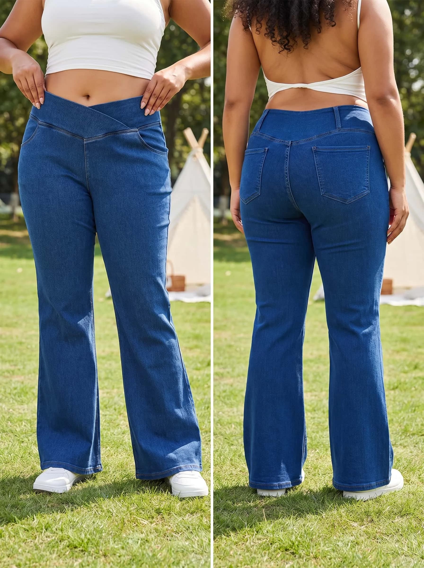 Smoothscape Plus Size Women High Waist Bootcut Jeans Crossover Waist Stretch Denim Tummy Control Slim Fit Casual Fashion Trendy
