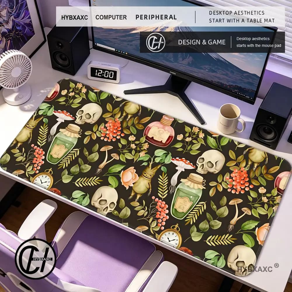 HYBXAXC Vintage Dark Skull & Botanical Printed Mouse Pad Mystical Witchcraft Elements Gaming Desk Pad Anti-slip for Office