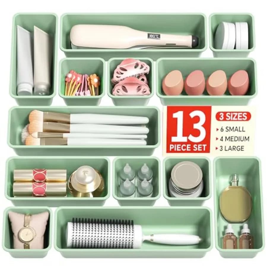 13 Pack Plastic Drawer Organizers Set, 3 Sizes Desk Drawer Organizer Trays for Vanity and Makeup Organizer, Organization and St