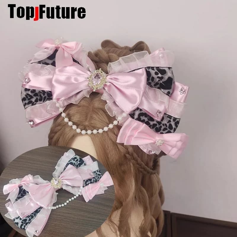 Mars Gal Harajuku Goth Ji System Fermaglio per capelli con fiocco da donna, con stampa leopardata, stile subculturale, perle e pizzo, Lolita Steampunk Y2K