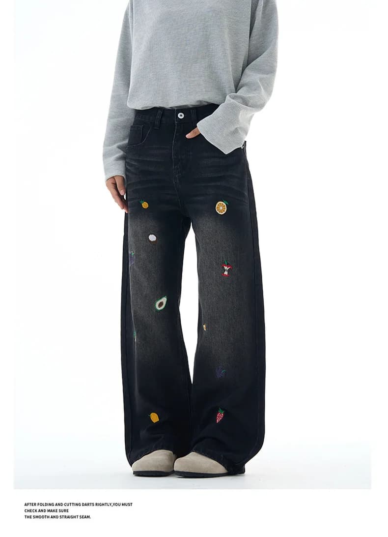 Men's Fruits Print Embroidered Jeans – Unisex Loose-Fit Straight-Leg Couple's Versatile Casual Trousers