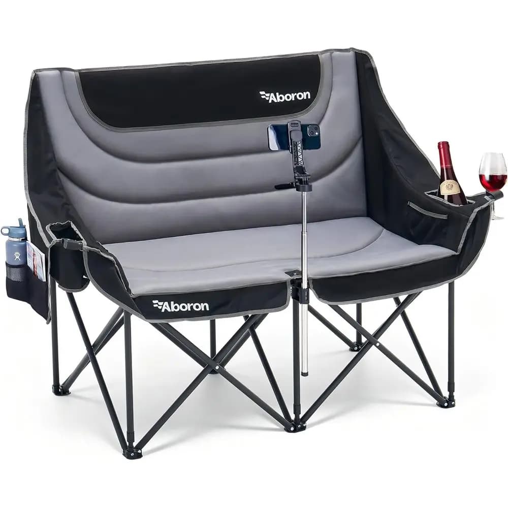360° Swivel Loveseat Camping Chair, Oversized Padded Seat for 2, Holds 1200 lbs, with Cup & Wine Glass Holders, Graphite Gray