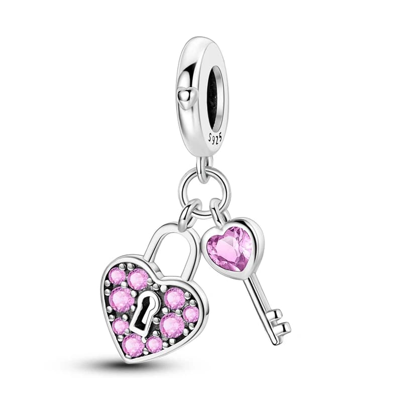 Hot 925 Sterling Silver Pink Key And Lock Charms Pendant Fit Original Bracelet DIY Women Anniversary Jewelry Gift