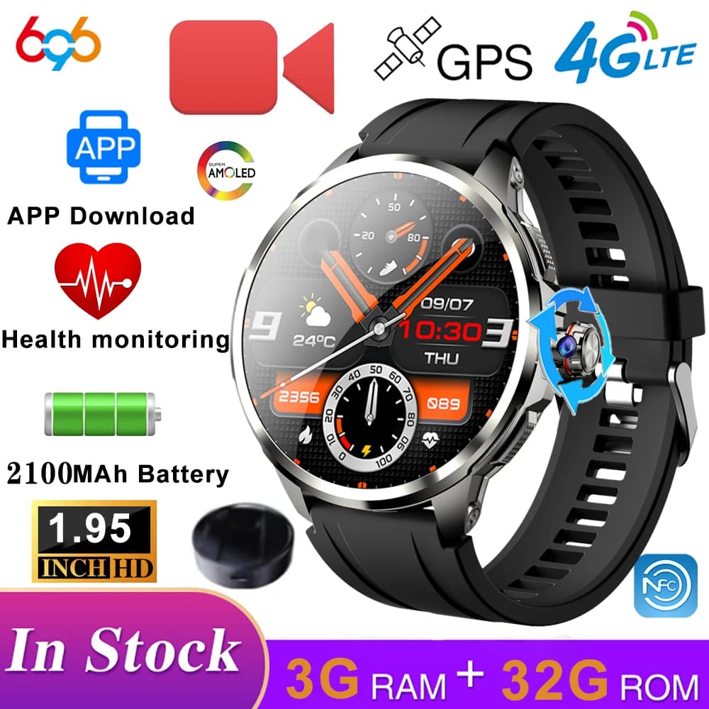 2100mAh Telecamera rotante 4G Videochiamata Orologi intelligenti Uomo Frequenza cardiaca Salute GPS Wifi Sport Impermeabile SIM Card Smartwatch NFC