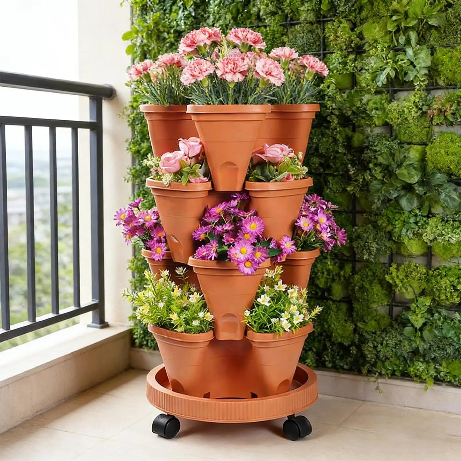 Stackable Four Level Planter, Vertical Cultivation Shelf, Strawberry Cultivation Tower, Automatic Drainage and Wheels