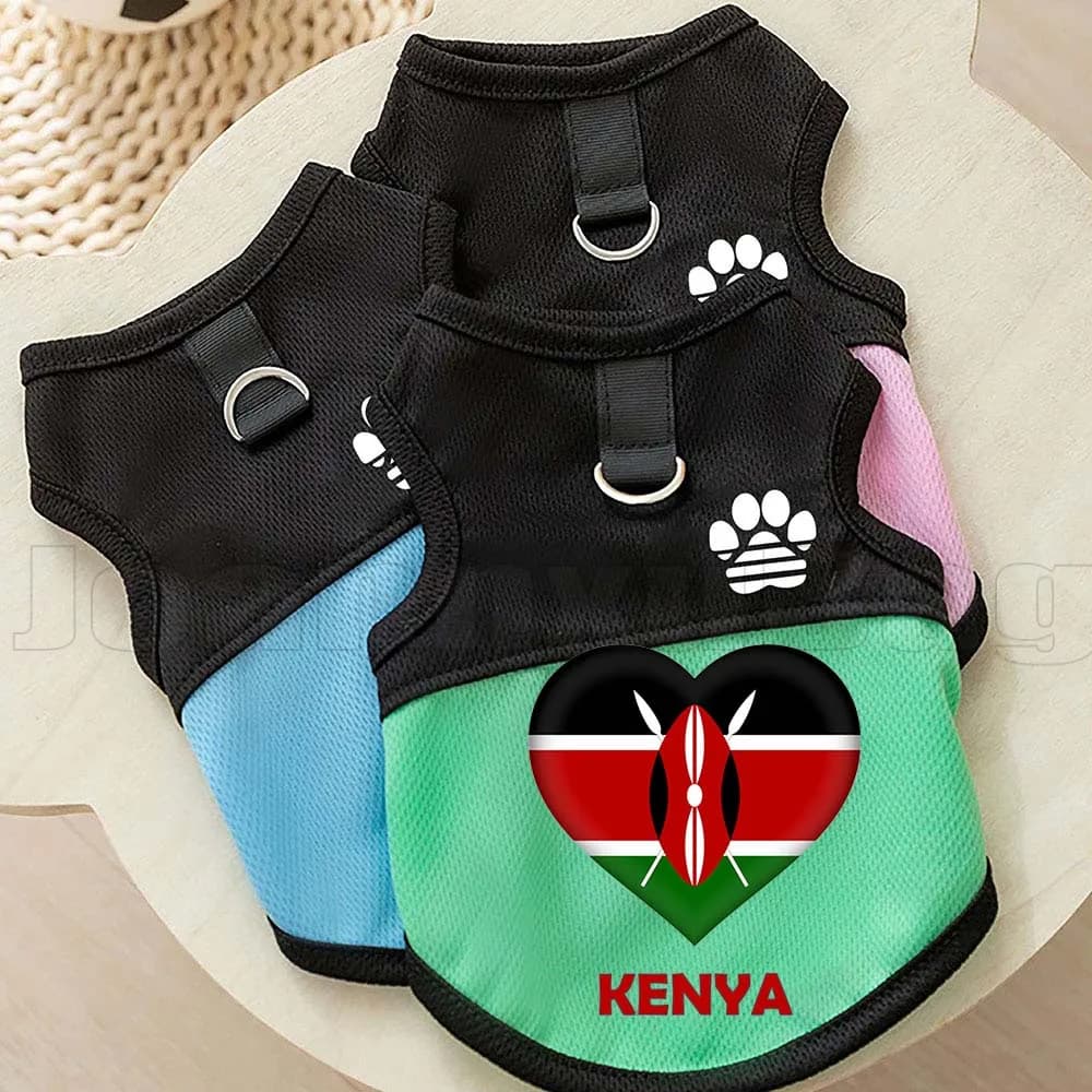 Pettorina a rete con bandiera del Kenya per cani e gatti, abbigliamento per cuccioli e gattini, gilet primaverili ed estivi per cani con anello a D per guinzaglio