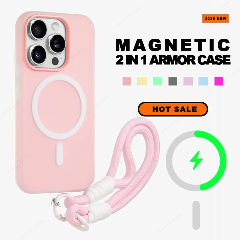 Lanyard Wireless Charge Magnetic Phone Case for iPhone 16E 15 14 Plus 13 12 11 16 Pro Max Magsafe Wrist Strap Protector Cover