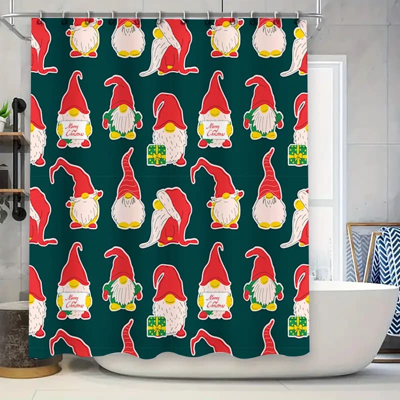 Tenda da doccia con gnomi natalizi, decorazioni natalizie verdi per il bagno, set di coperture per doccia da bagno in tessuto impermeabile stampato in 3D con