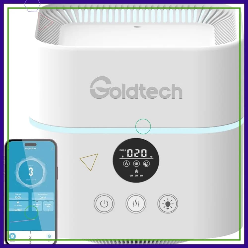 Purificatore d'Aria e Umidificatore Combo per Camera da Letto, Filtro HEPA H13, WiFi Smart, Serbatoio da 500ML, Luce LED, Compatto per Ufficio