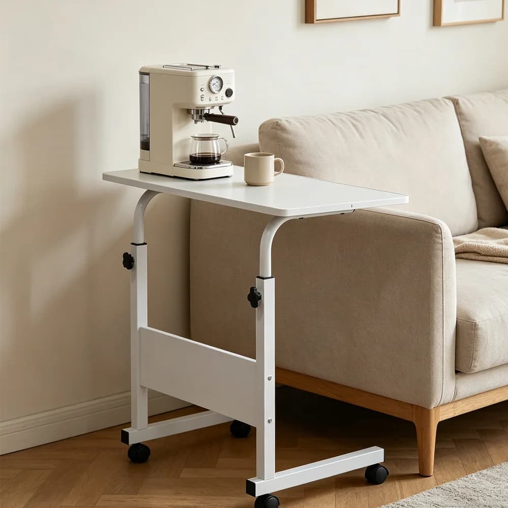 80cm Adjustable Tray Table Rolling Sofa Side Snack Table with Wheels Portable C-Shape Dinner Tray Tables Mobile WoodeHeight Adjustable Rolling Laptop Desk with Simple Structure Easy Assembly over Bed Table Cart Couch Desk Mobile Stand Computer Workstation