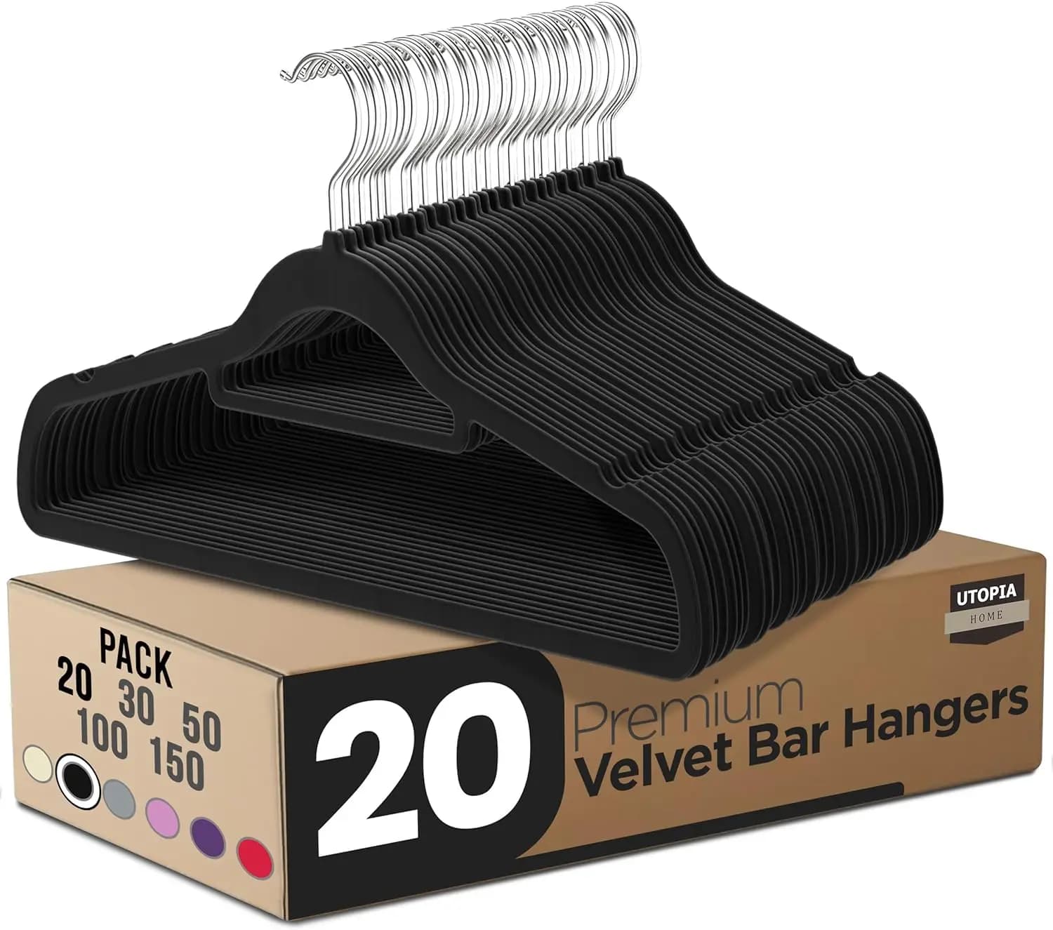 Confezione da 20 appendiabiti in velluto con barra portacravatte - Appendiabiti antiscivolo, 360 ° Gancio Girevole, Appendiabiti Resistente Nero