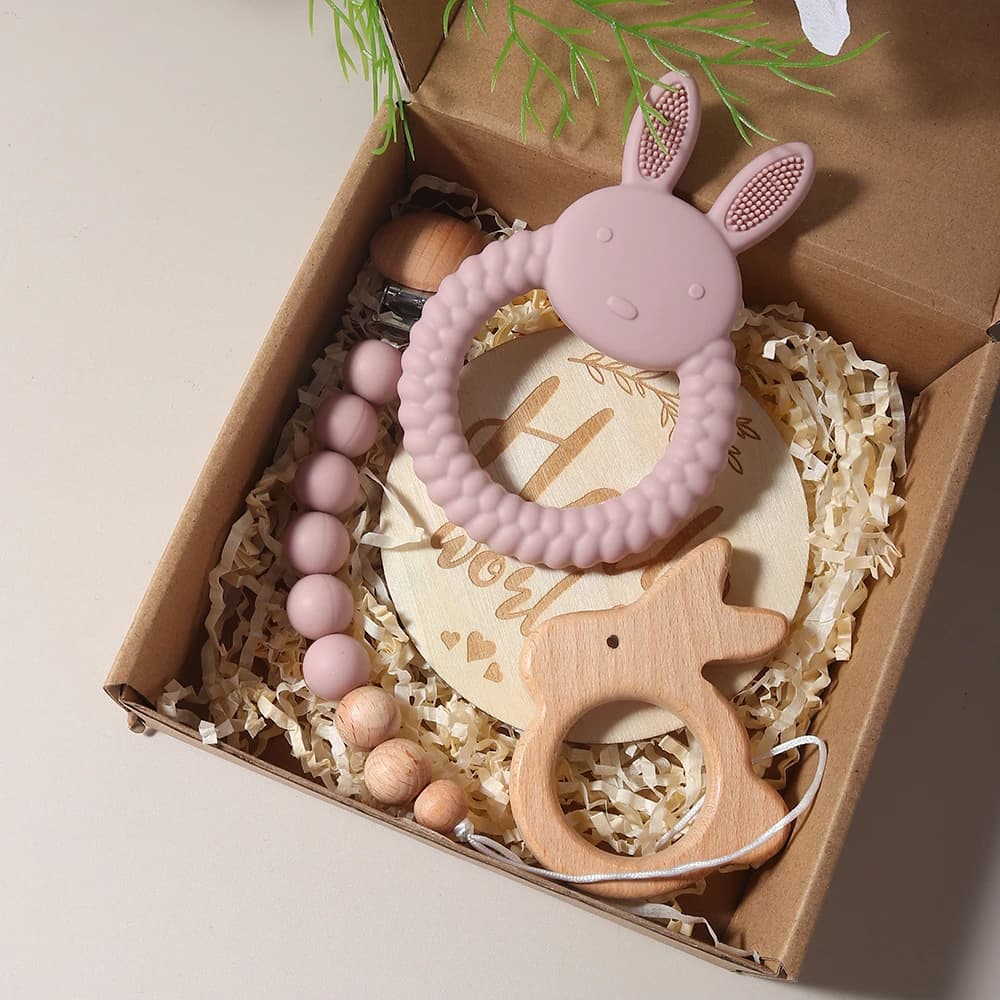 Kit massaggiagengive in silicone lenitivo per neonati massaggiagengive in silicone coniglietto sonaglio in legno puntelli per fotografia catena ciuccio in silicone